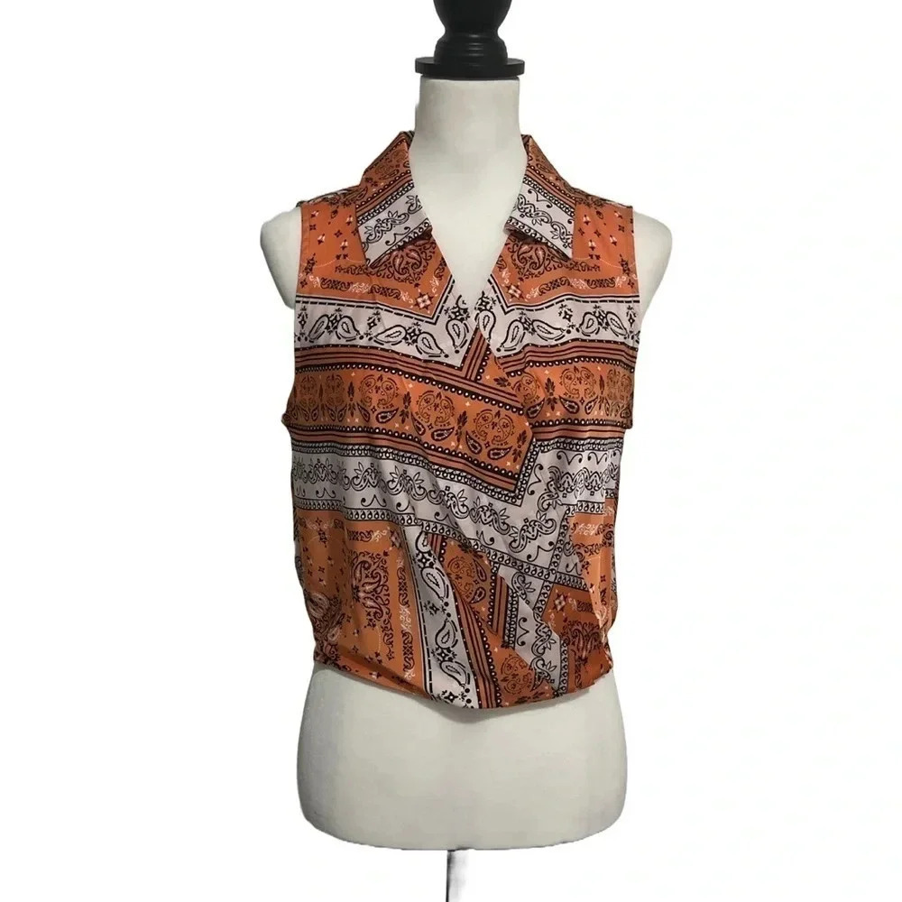 NWT! RACHEL ZOE Orange Bandana Print Faux Wrap Tank Sleeve Blouse. Medium
